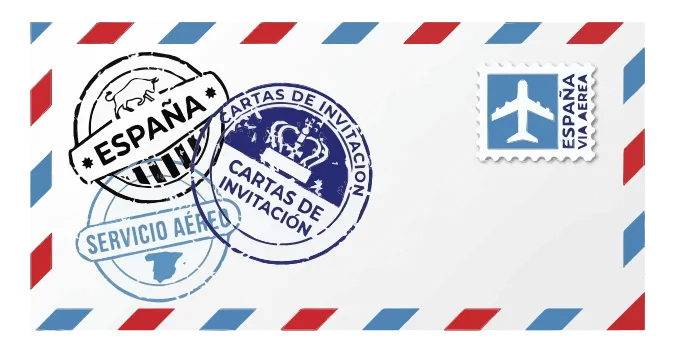 Sobre de correo aéreo con sellos de España y de cartas de invitación